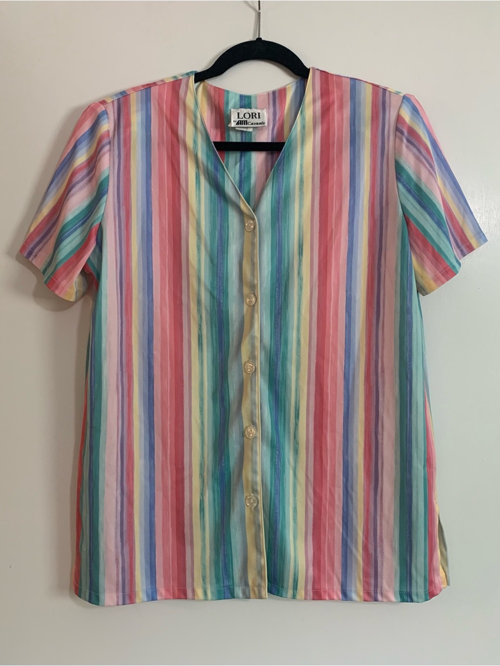 Vintage 1980s Pastel Rainbow Striped Button-Down Blouse “Lori by AM Casuals”